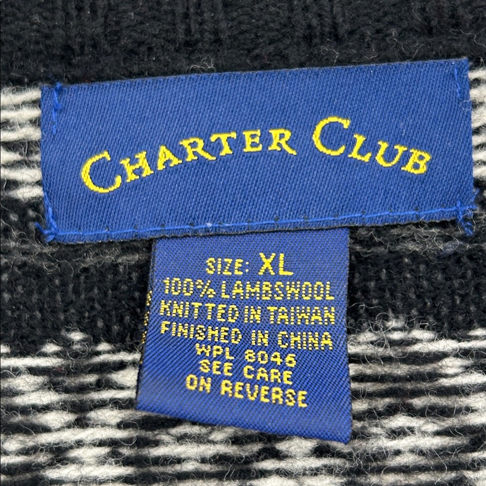 Charter Club 100% Lambswool Black/White Zip Front Fairisle Cardigan Size XL - Picture 3 of 5